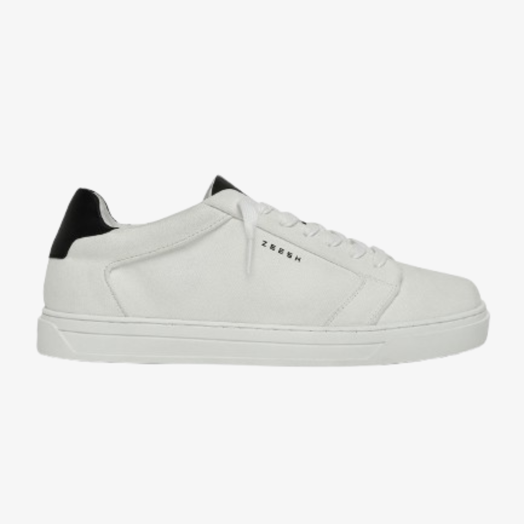 ZEESH Chalk Line sneakers – clean white denim with black leather accents, orthopaedic insole & durable TPR sole. Minimalism redefined.